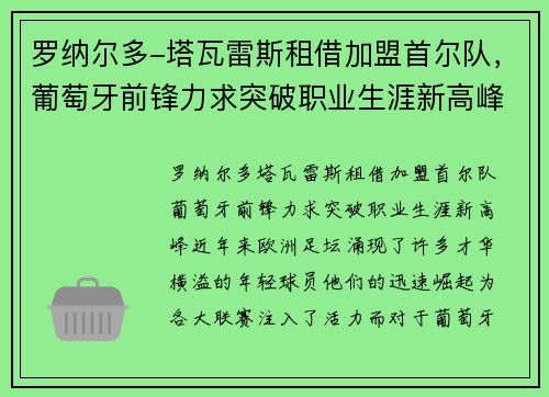 罗纳尔多-塔瓦雷斯租借加盟首尔队，葡萄牙前锋力求突破职业生涯新高峰