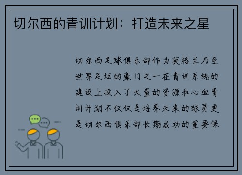 切尔西的青训计划：打造未来之星