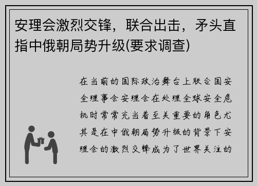 安理会激烈交锋，联合出击，矛头直指中俄朝局势升级(要求调查)